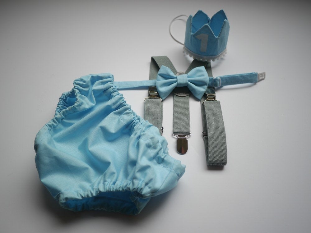 Cake Smash Outfit Gray Blue — Boys First Birthday Outfit Gray Blue — Baby Blue Bow Tie & Baby Blue Diaper Cover with Gray Suspenders