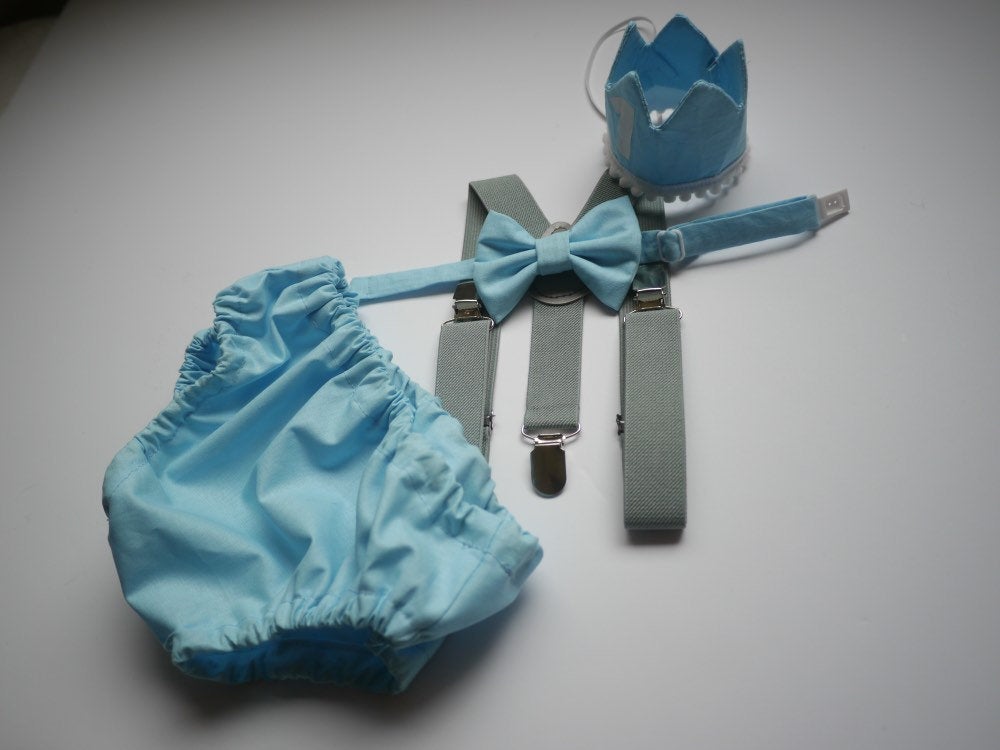 Cake Smash Outfit Gray Blue — Boys First Birthday Outfit Gray Blue — Baby Blue Bow Tie & Baby Blue Diaper Cover with Gray Suspenders