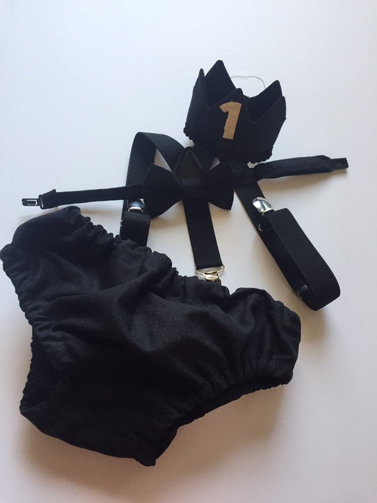 Cake Smash Boy First Birthday super soft black cotton Diaper Cover,black Suspenders,black bow tie, Birthday Photoshoot