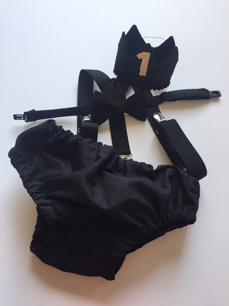 Cake Smash Boy First Birthday super soft black cotton Diaper Cover,black Suspenders,black bow tie, Birthday Photoshoot