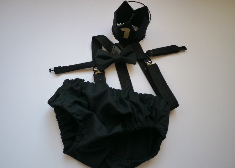 Cake Smash Boy First Birthday super soft black cotton Diaper Cover,black Suspenders,black bow tie, Birthday Photoshoot