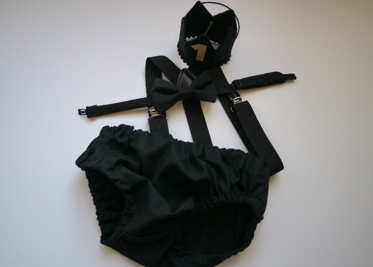 Cake Smash Boy First Birthday super soft black cotton Diaper Cover,black Suspenders,black bow tie, Birthday Photoshoot