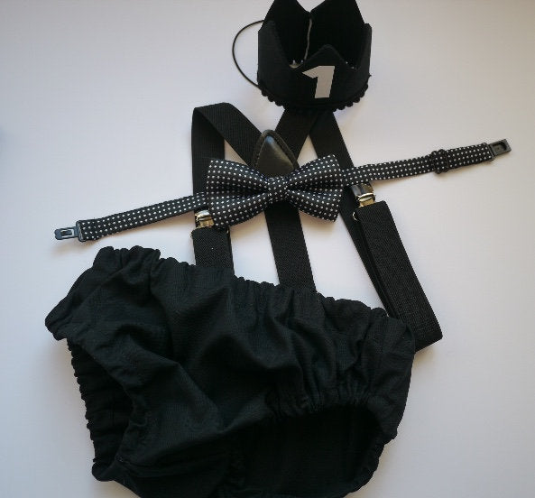 Cake Smash Boy First Birthday super soft black cotton Diaper Cover,black Suspenders,black bow tie, Birthday Photoshoot