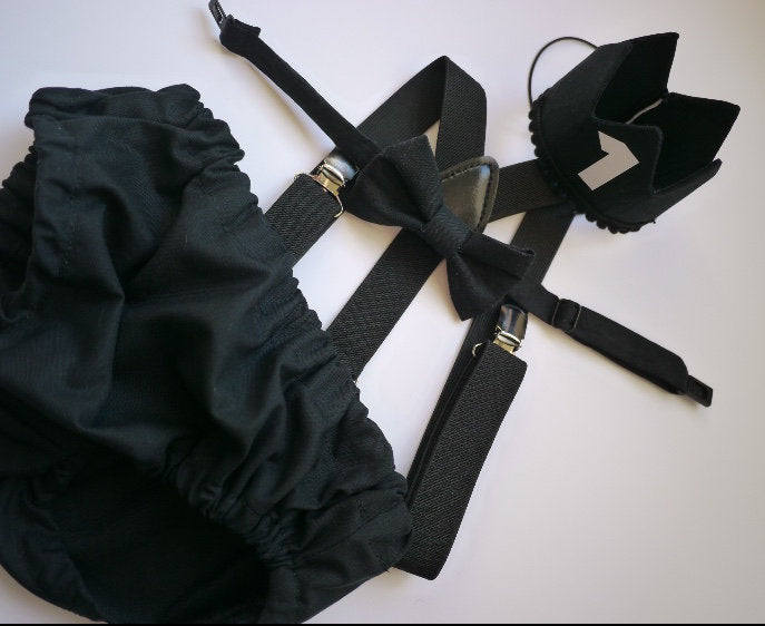 Cake Smash Boy First Birthday super soft black cotton Diaper Cover,black Suspenders,black bow tie, Birthday Photoshoot