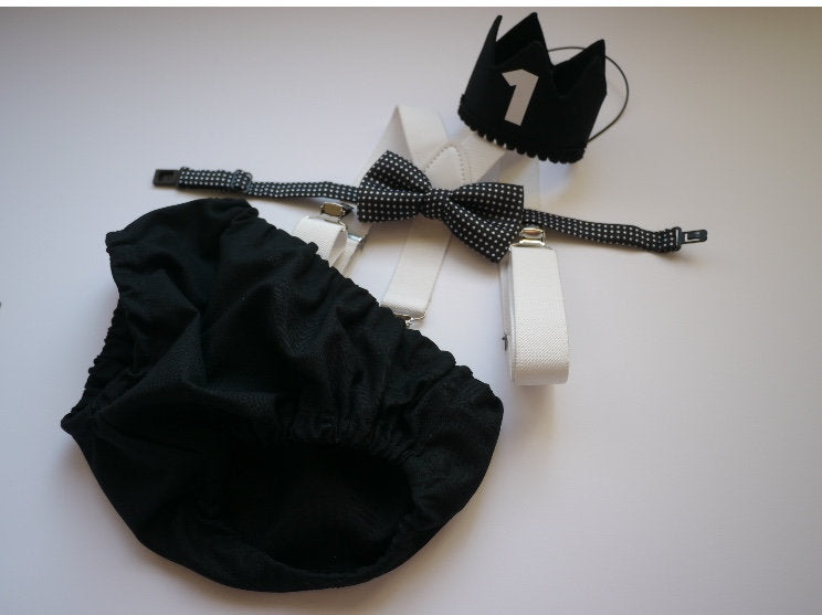 Cake Smash Boy Outfit,Black and White 1st Birthday Boy, Black Diaper Cover, Bowtie, Suspender, gold suspenders, First Birthday Boy, Boys 1st