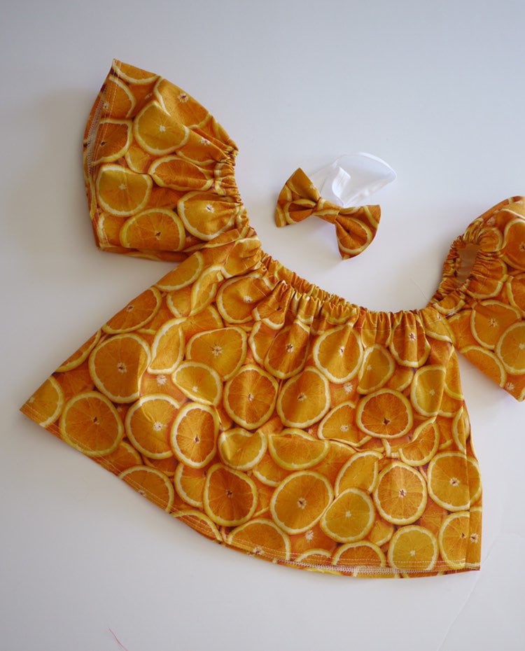 Fruit off shoulder top, girls orange crop top, toddler summer crop top, coming home outfits, orange birthday, baby outfits, off shoulder