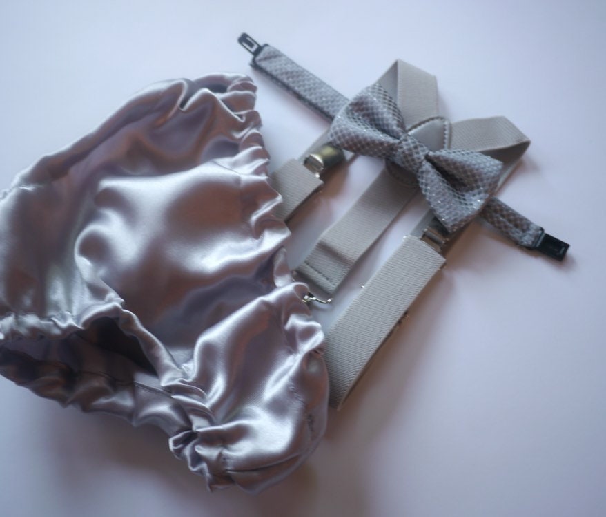 Cake Smash Outfit Gray Silver — Boys First Birthday Outfit Gray Silver — Baby Grey Bow Tie & Baby Grey Diaper Cover with Gray Suspenders