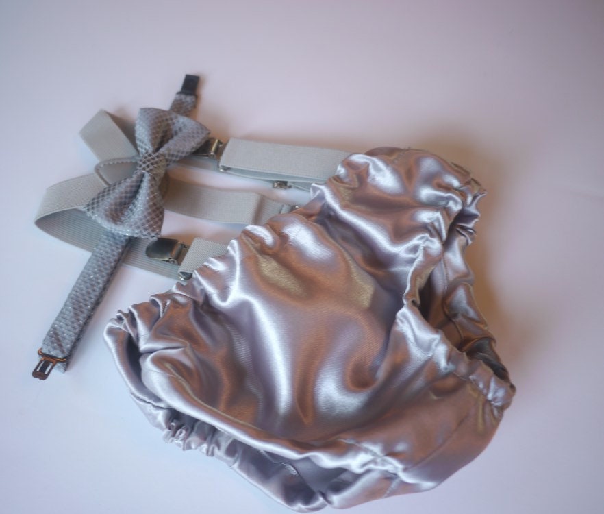Cake Smash Outfit Gray Silver — Boys First Birthday Outfit Gray Silver — Baby Grey Bow Tie & Baby Grey Diaper Cover with Gray Suspenders
