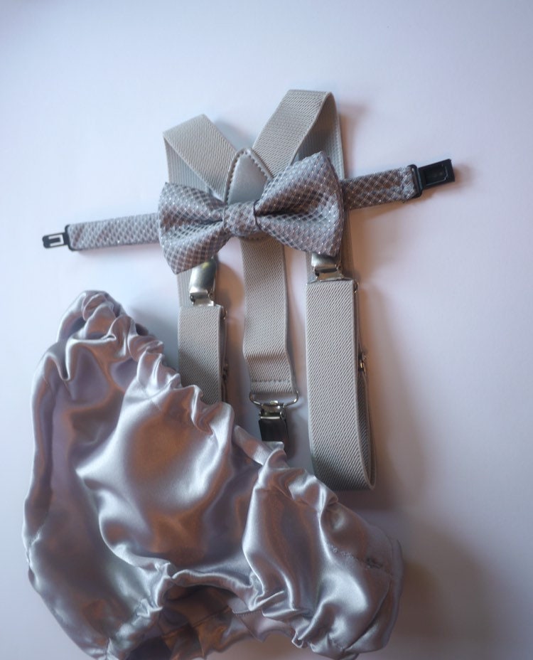 Cake Smash Outfit Gray Silver — Boys First Birthday Outfit Gray Silver — Baby Grey Bow Tie & Baby Grey Diaper Cover with Gray Suspenders