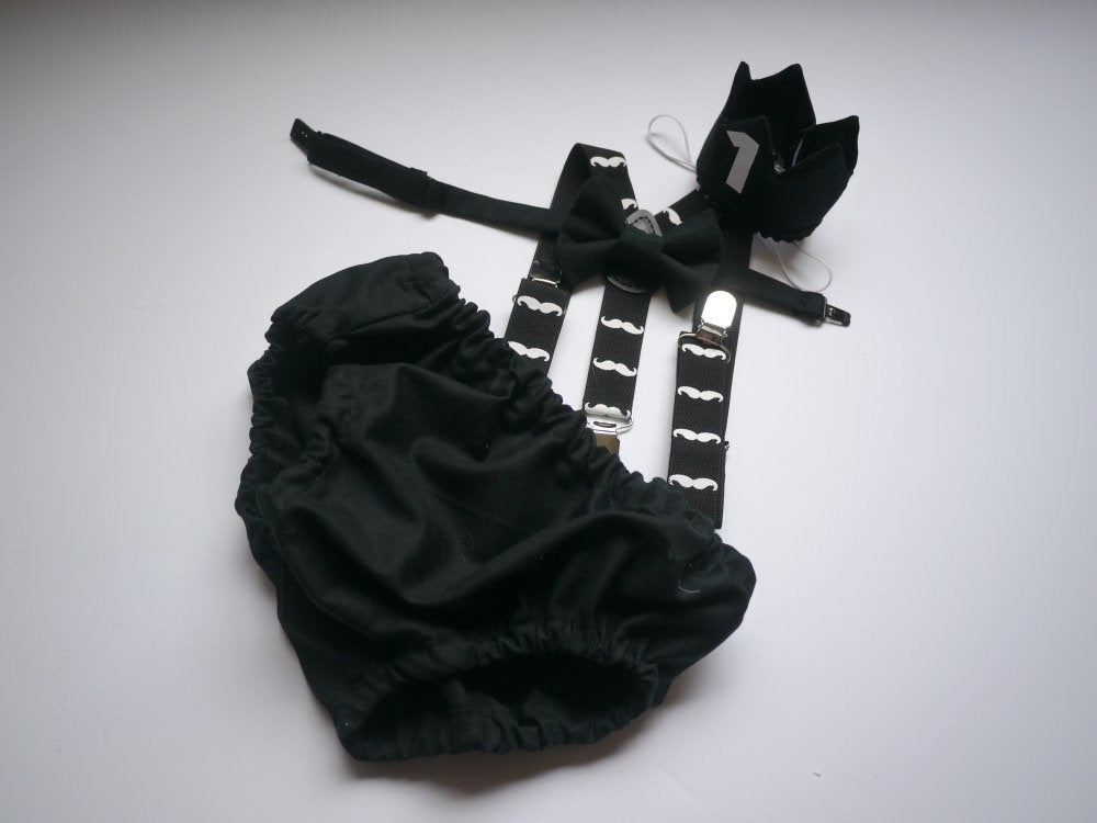 Cake Smash Boy First Birthday super soft black cotton Diaper Cover,black Suspenders,black bow tie, Birthday Photoshoot