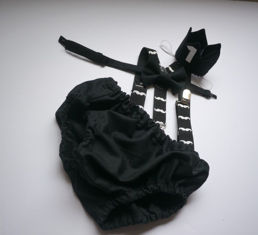 Cake Smash Boy First Birthday super soft black cotton Diaper Cover,black Suspenders,black bow tie, Birthday Photoshoot