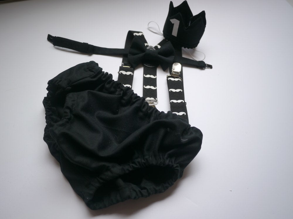 Cake Smash Boy First Birthday super soft black cotton Diaper Cover,black Suspenders,black bow tie, Birthday Photoshoot