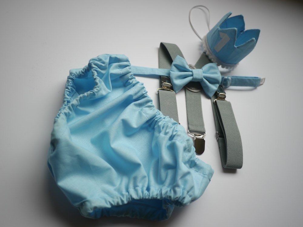 Cake Smash Outfit Gray Blue — Boys First Birthday Outfit Gray Blue — Baby Blue Bow Tie & Baby Blue Diaper Cover with Gray Suspenders