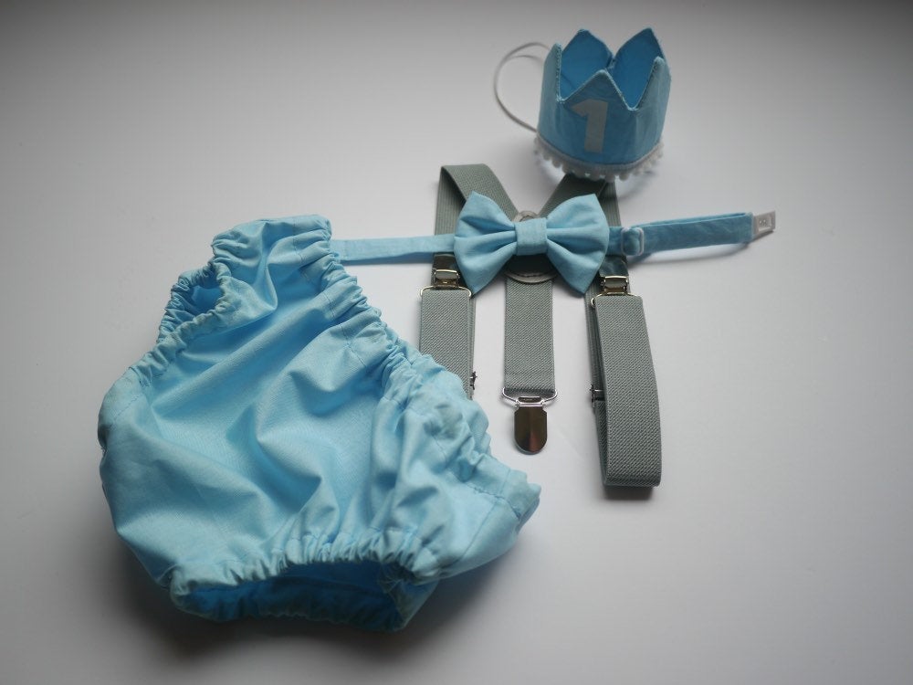 Cake Smash Outfit Gray Blue — Boys First Birthday Outfit Gray Blue — Baby Blue Bow Tie & Baby Blue Diaper Cover with Gray Suspenders