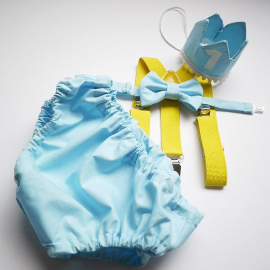 Cake Smash Outfit Gray Blue — Boys First Birthday Outfit yellow Blue — Baby Blue Bow Tie & Baby Blue Diaper Cover with yellow Suspenders