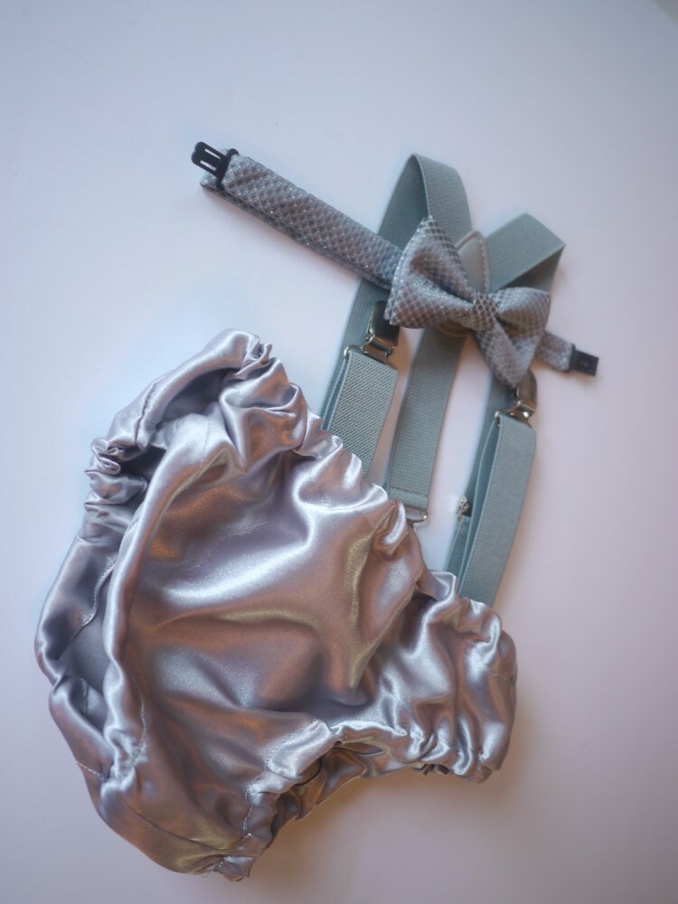 Cake Smash Outfit Gray Blue — Boys First Birthday Outfit Gray Blue — Baby L Bow Tie & Baby Gray Diaper Cover with Gray Suspenders