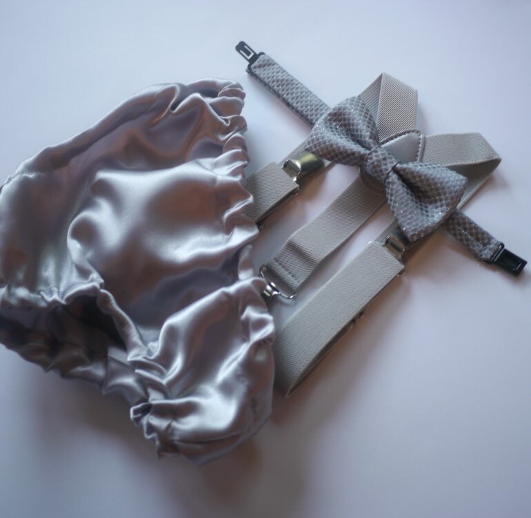 Cake Smash Outfit Gray Blue — Boys First Birthday Outfit Gray Blue — Baby L Bow Tie & Baby Gray Diaper Cover with Gray Suspenders