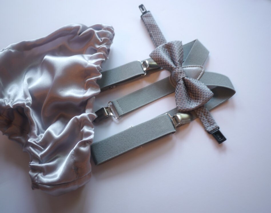 Cake Smash Outfit Gray Blue — Boys First Birthday Outfit Gray Blue — Baby L Bow Tie & Baby Gray Diaper Cover with Gray Suspenders