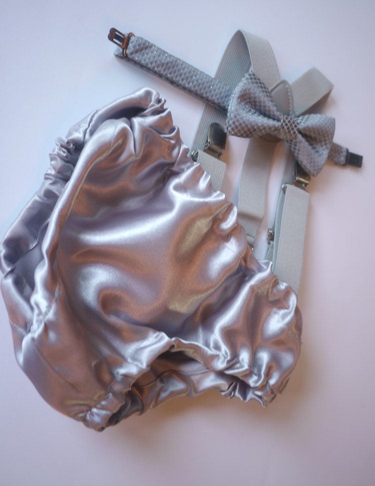 Cake Smash Outfit Gray Silver — Boys First Birthday Outfit Gray Silver — Baby Grey Bow Tie & Baby Grey Diaper Cover with Gray Suspenders