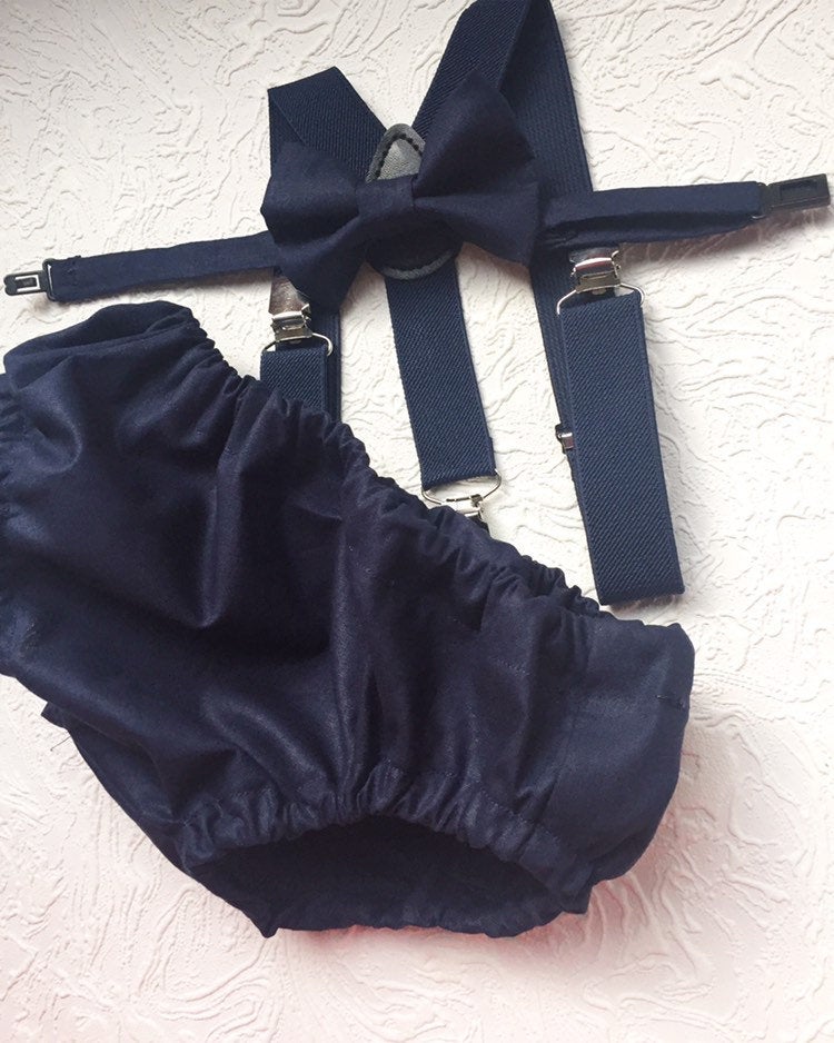 Cake Smash Boy First Birthday super soft navy cotton Diaper Cover,navy Suspenders, navy bow tie, Birthday Photoshoot