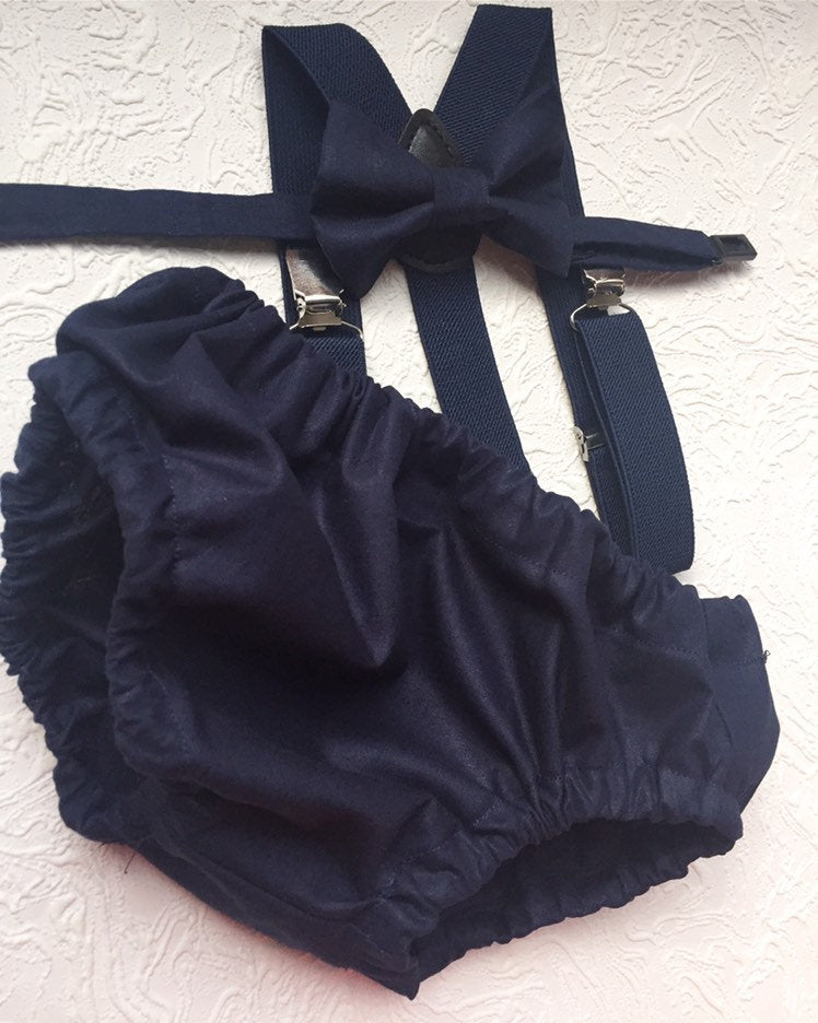 Cake Smash Boy First Birthday super soft navy cotton Diaper Cover,navy Suspenders, navy bow tie, Birthday Photoshoot