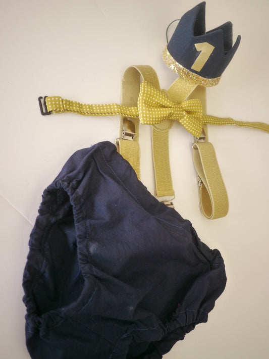 Cake Smash Boy First Birthday super soft navy cotton Diaper Cover,navy Suspenders, navy bow tie, Birthday Photoshoot