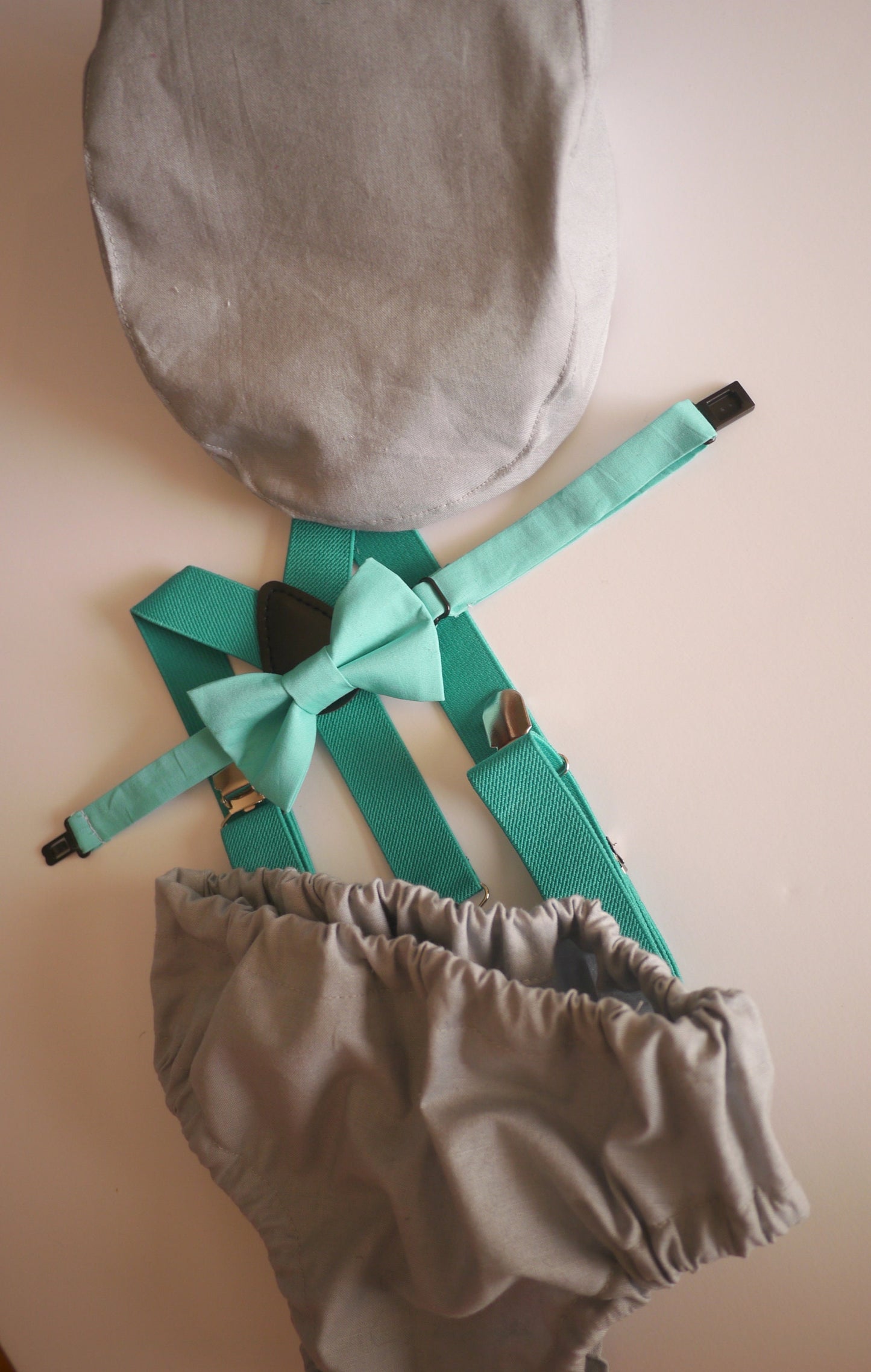 1st Birthday boy cake smash bow tie suspenders outfit 12 mo Teal, gray, boy outfit, bloomers, diaper cover