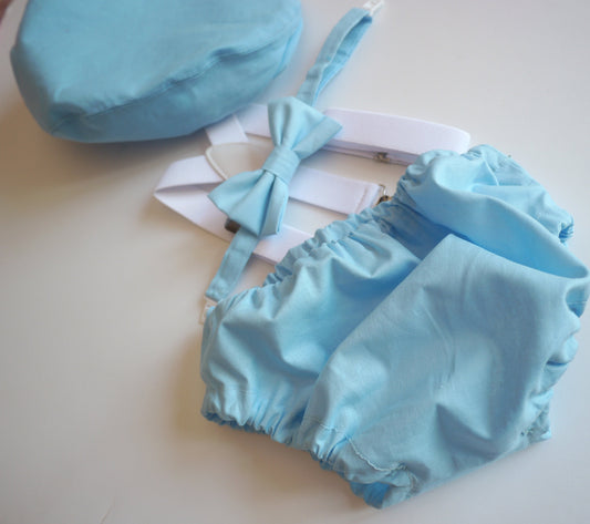 Blue Cake Smash Boy First Birthday super soft cotton blue Diaper Cover, white Suspenders, bow tie light blue colour