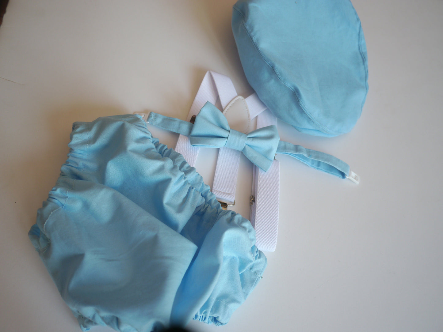 Blue Cake Smash Boy First Birthday super soft cotton blue Diaper Cover, white Suspenders, bow tie light blue colour