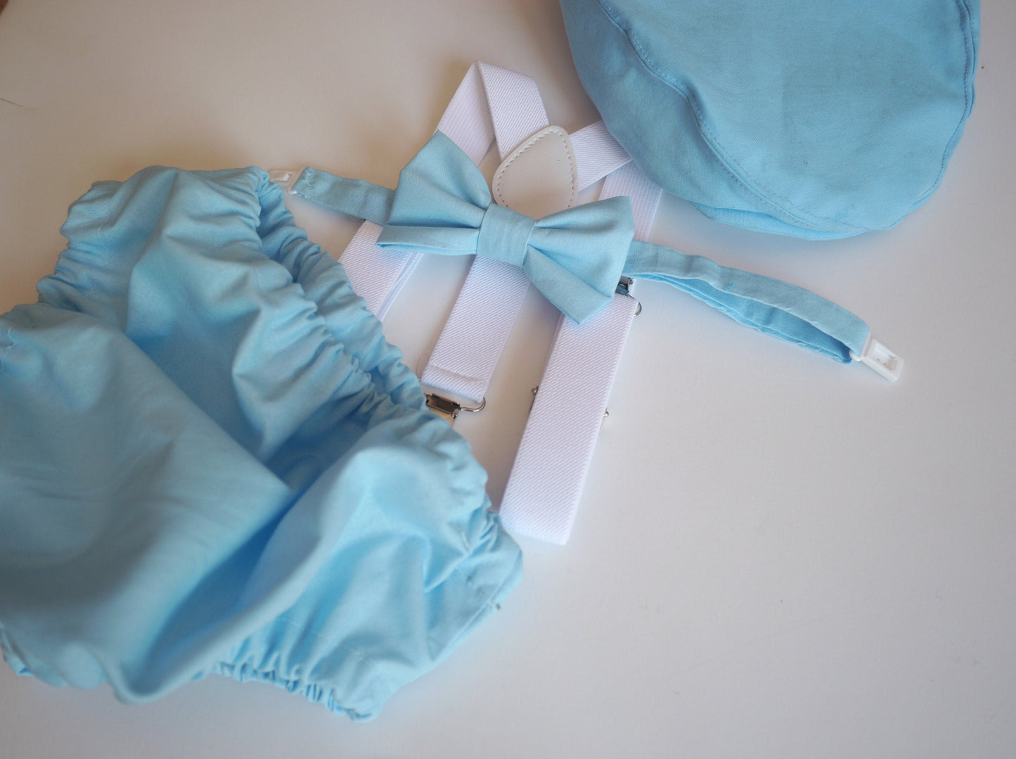 Blue Cake Smash Boy First Birthday super soft cotton blue Diaper Cover, white Suspenders, bow tie light blue colour