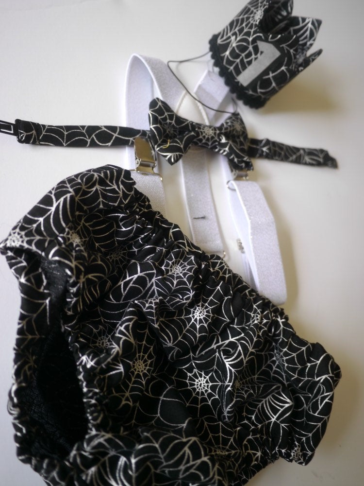 1st Birthday boy cake smash Outfit Bow tie bloomers Suspenders halloween cake smash, boy outfit,bloomers,diaper cover, spiderweb cake smash