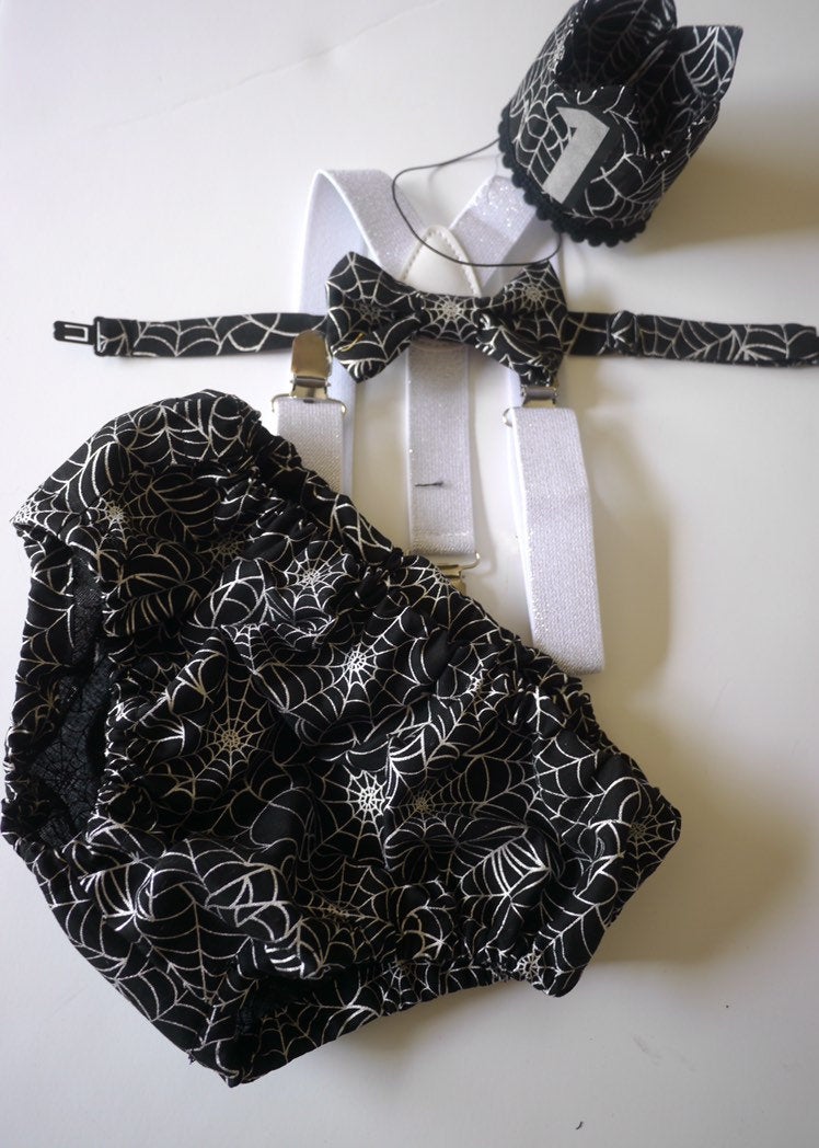 1st Birthday boy cake smash Outfit Bow tie bloomers Suspenders halloween cake smash, boy outfit,bloomers,diaper cover, spiderweb cake smash