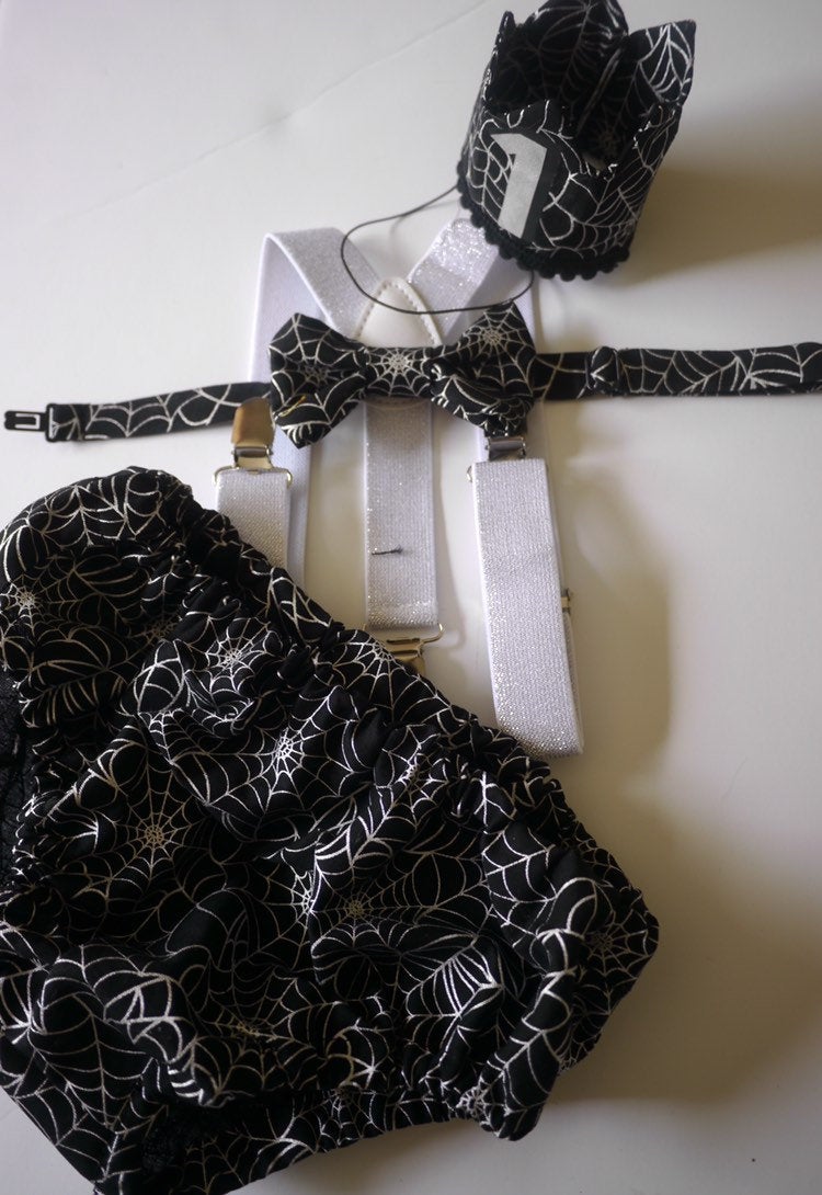 1st Birthday boy cake smash Outfit Bow tie bloomers Suspenders halloween cake smash, boy outfit,bloomers,diaper cover, spiderweb cake smash