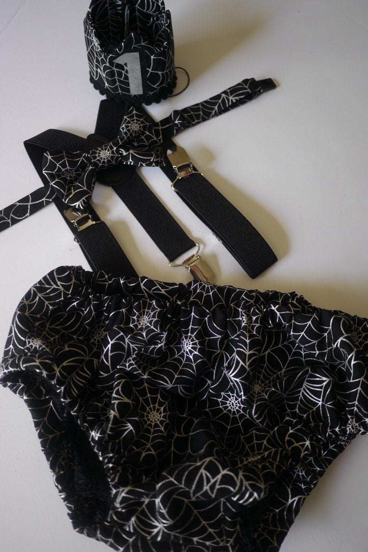 1st Birthday boy cake smash Outfit Bow tie bloomers Suspenders halloween cake smash, boy outfit,bloomers,diaper cover, spiderweb cake smash