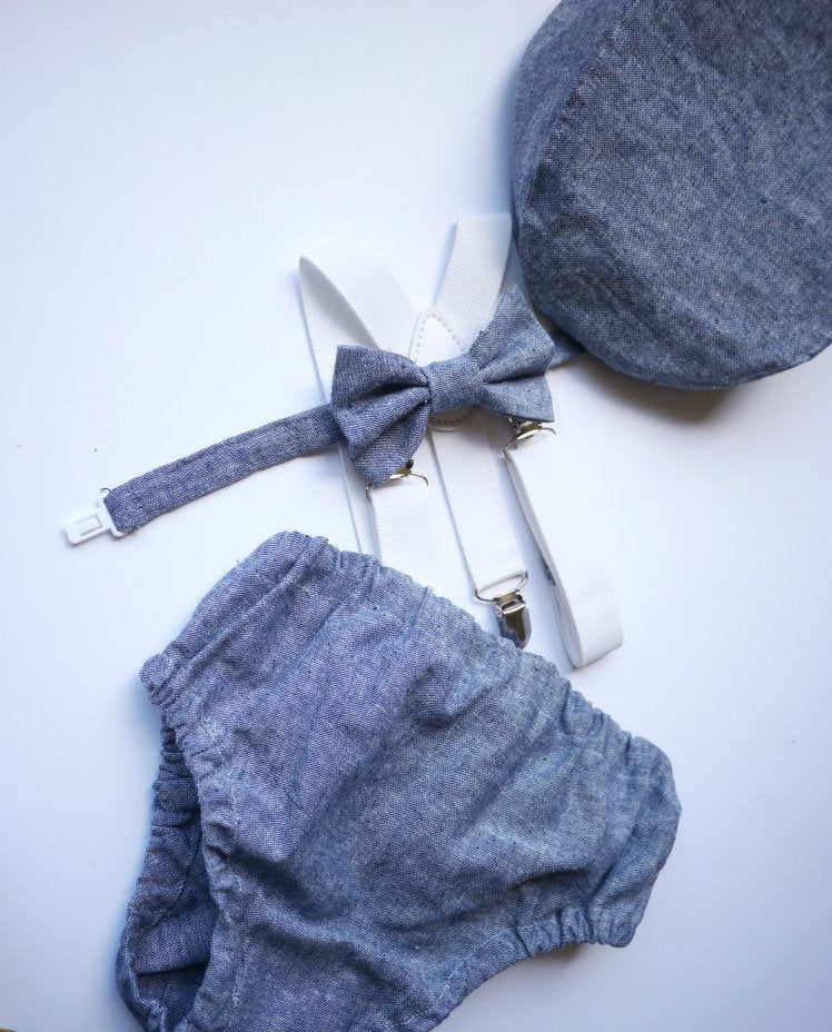 Light denim sitter set - baby boy photo prop - baby clothes - vintage style - flat cap - cake smash outfit