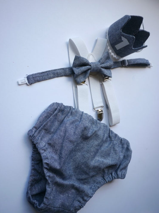 Light denim sitter set - baby boy photo prop - baby clothes - vintage style - birthday crown - cake smash outfit