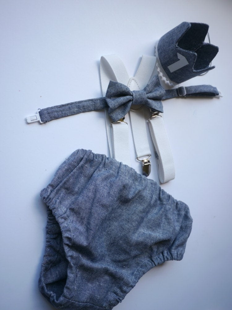 Light denim sitter set - baby boy photo prop - baby clothes - vintage style - birthday crown - cake smash outfit