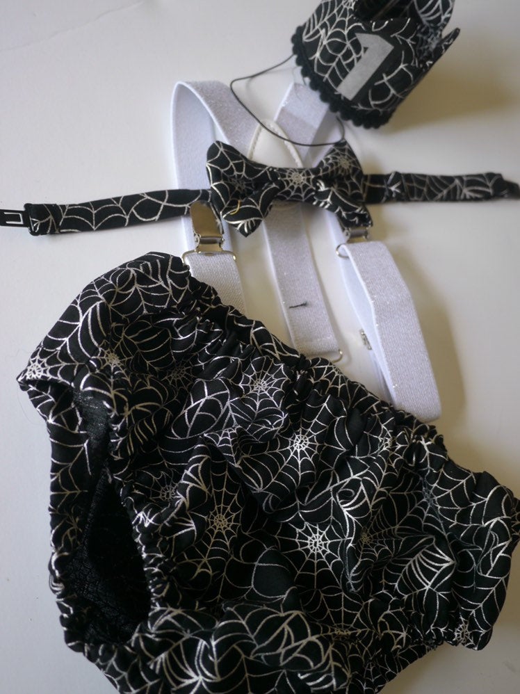1st Birthday boy cake smash Outfit Bow tie bloomers Suspenders halloween cake smash, boy outfit,bloomers,diaper cover, spiderweb cake smash