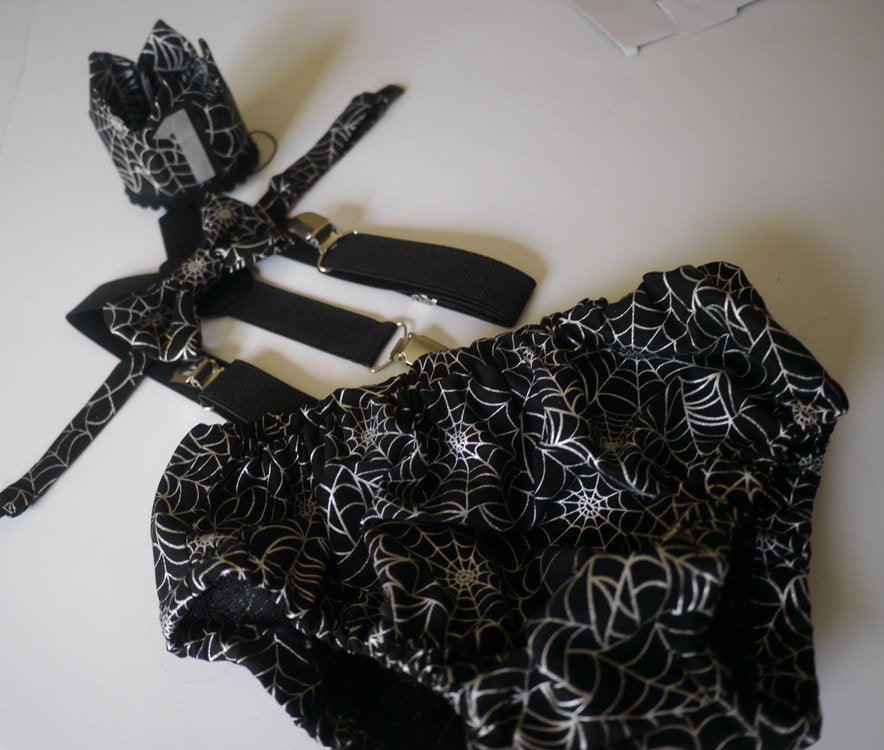 1st Birthday boy cake smash Outfit Bow tie bloomers Suspenders halloween cake smash, boy outfit,bloomers,diaper cover, spiderweb cake smash