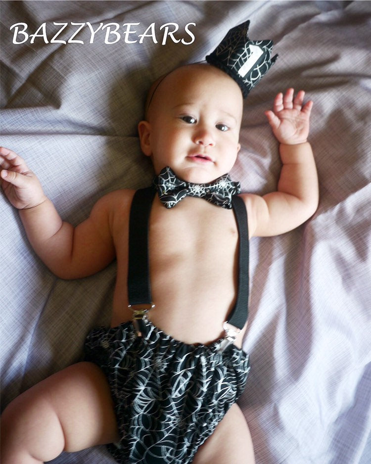 1st Birthday boy cake smash Outfit Bow tie bloomers Suspenders halloween cake smash, boy outfit,bloomers,diaper cover, spiderweb cake smash