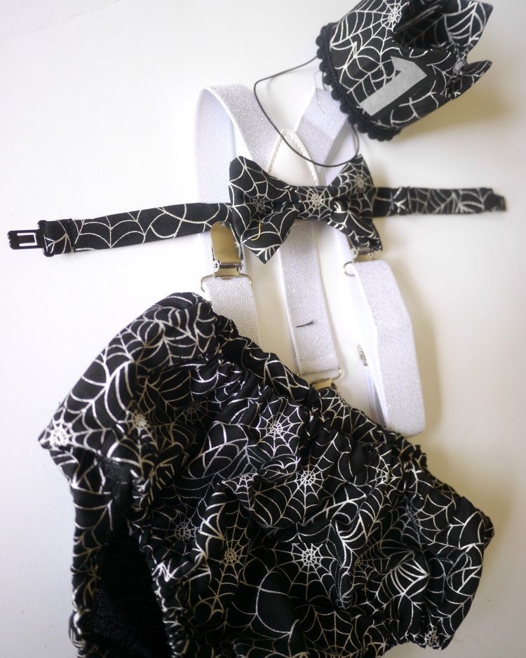 1st Birthday boy cake smash Outfit Bow tie bloomers Suspenders halloween cake smash, boy outfit,bloomers,diaper cover, spiderweb cake smash