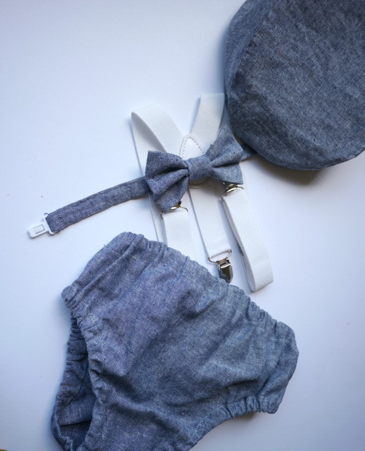 Light denim sitter set - baby boy photo prop - baby clothes - vintage style - flat cap - cake smash outfit