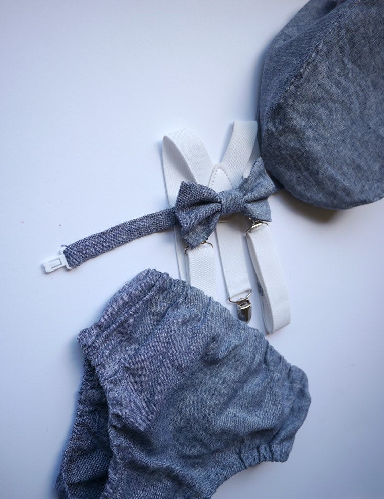 Light denim sitter set - baby boy photo prop - baby clothes - vintage style - flat cap - cake smash outfit