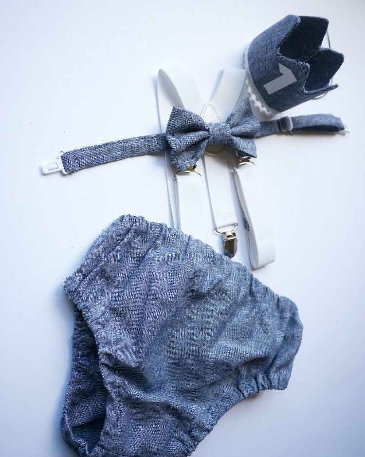 Light denim sitter set - baby boy photo prop - baby clothes - vintage style - birthday crown - cake smash outfit