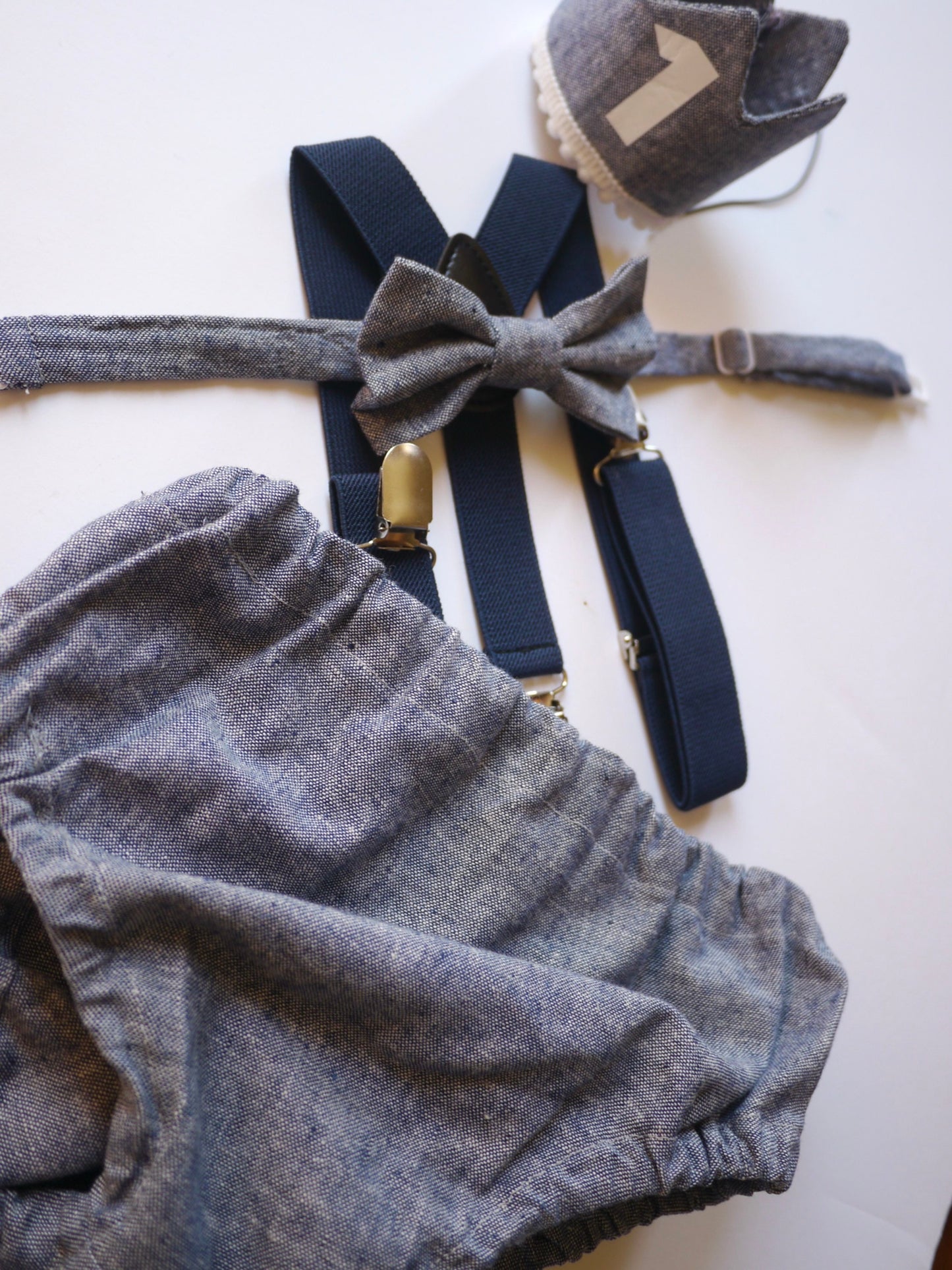 Cake Smash Boy First Birthday super soft denim cotton Diaper Cover,navy Suspenders, denim bow tie, Birthday Photoshoot