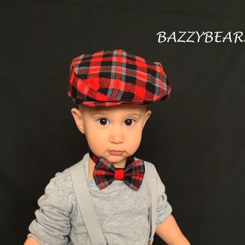 Red, grey and Black Buffalo Check Flat Cap for Father and son Christmas photos