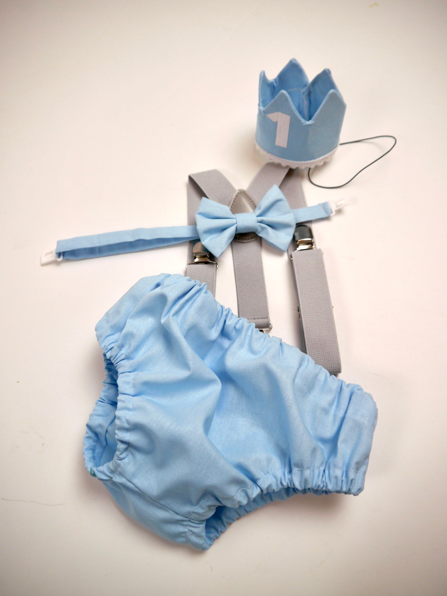 Cake Smash Outfit Gray Blue — Boys First Birthday Outfit Gray Blue — Baby Blue Bow Tie & Baby Blue Diaper Cover with Gray Suspenders