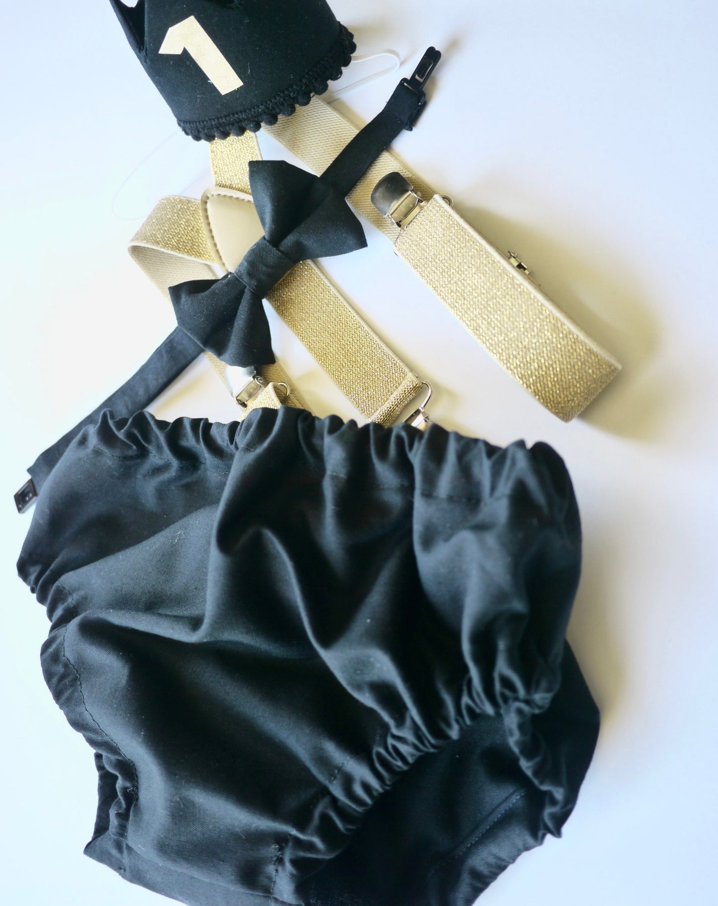 Cake Smash Boy Outfit, Black and Gold 1st Birthday Boy, Black Diaper Cover, Bowtie, Suspender, Crown, First Birthday Boy, Boys 1st Birthday