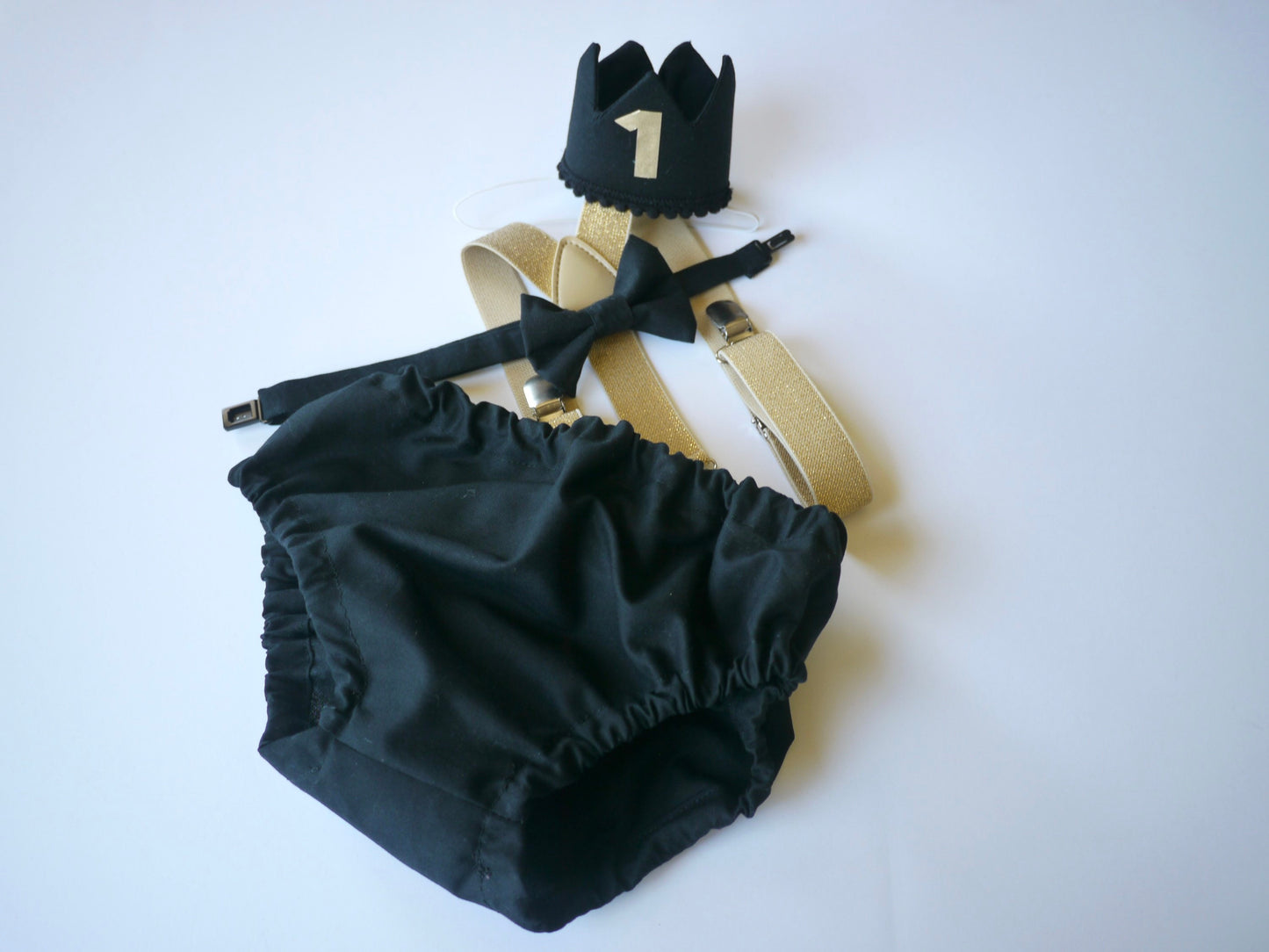Cake Smash Boy Outfit, Black and Gold 1st Birthday Boy, Black Diaper Cover, Bowtie, Suspender, Crown, First Birthday Boy, Boys 1st Birthday