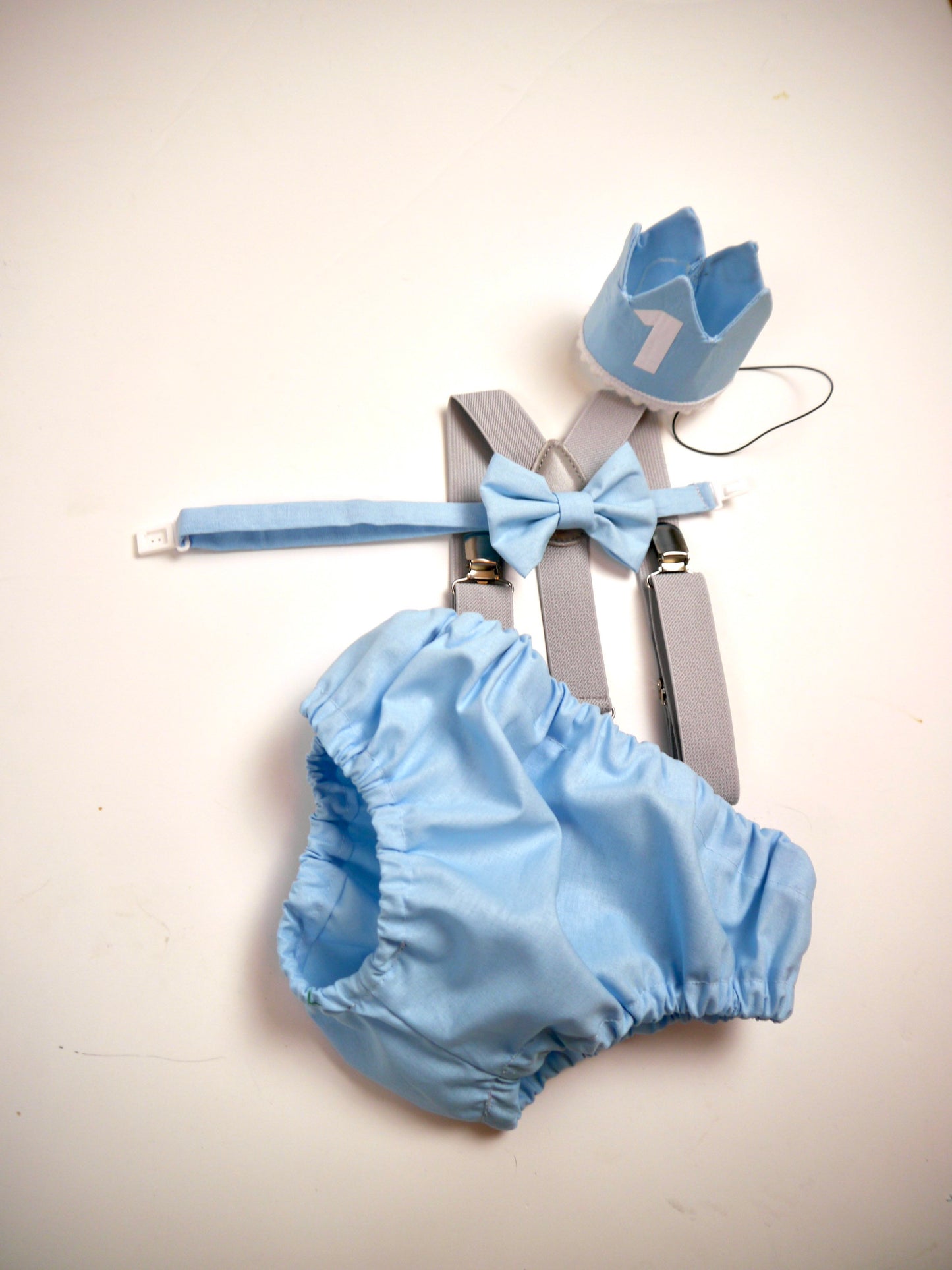 Cake Smash Outfit Gray Blue — Boys First Birthday Outfit Gray Blue — Baby Blue Bow Tie & Baby Blue Diaper Cover with Gray Suspenders